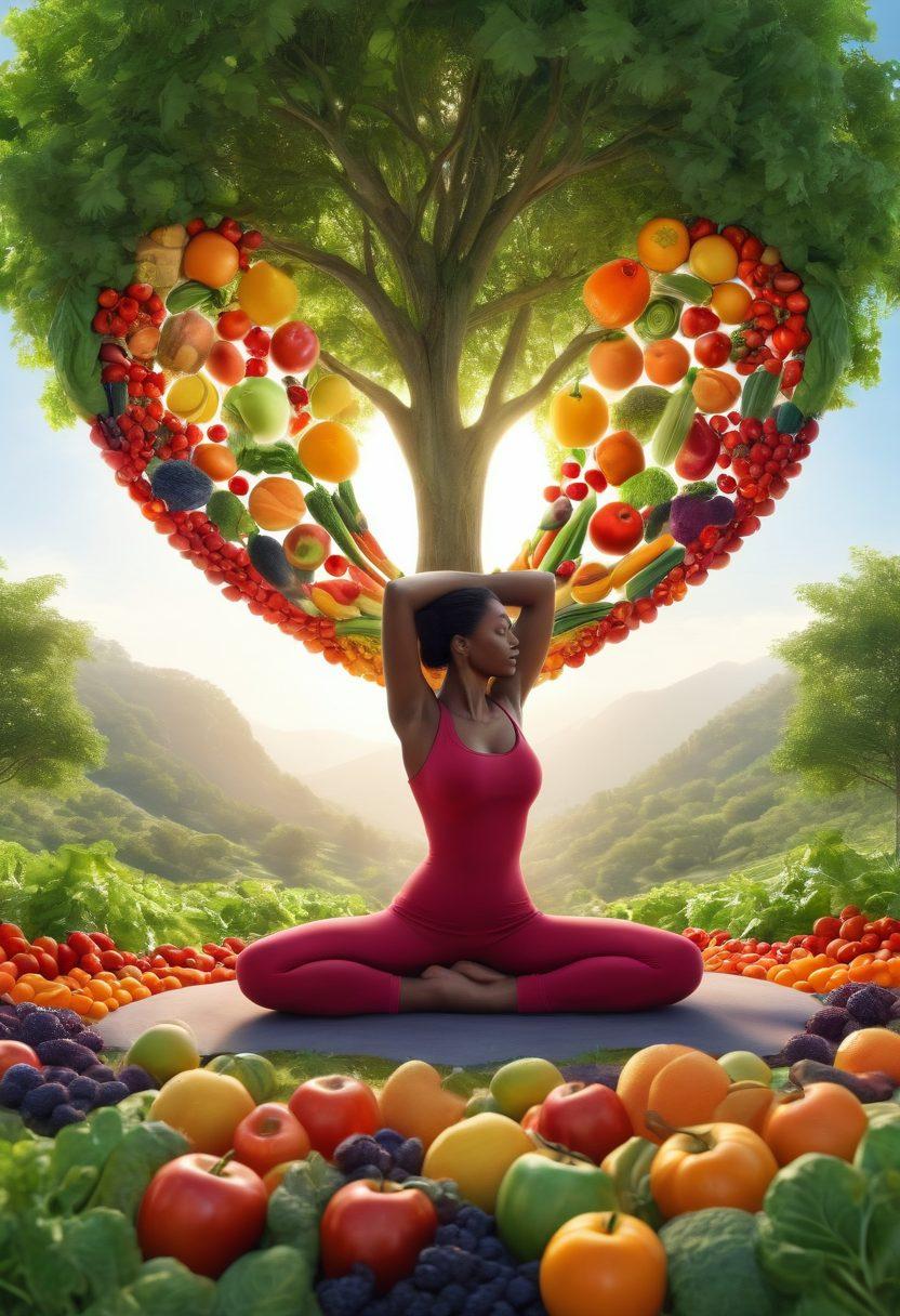 A vibrant heart shaped from fresh fruits and vegetables, surrounded by a calm and serene landscape, representing cardiovascular wellness. Include a person doing yoga under a tree, emphasizing a healthy lifestyle. Soft sunlight filtering through leaves to create a warm and inviting atmosphere. super-realistic. vibrant colors. 3D.