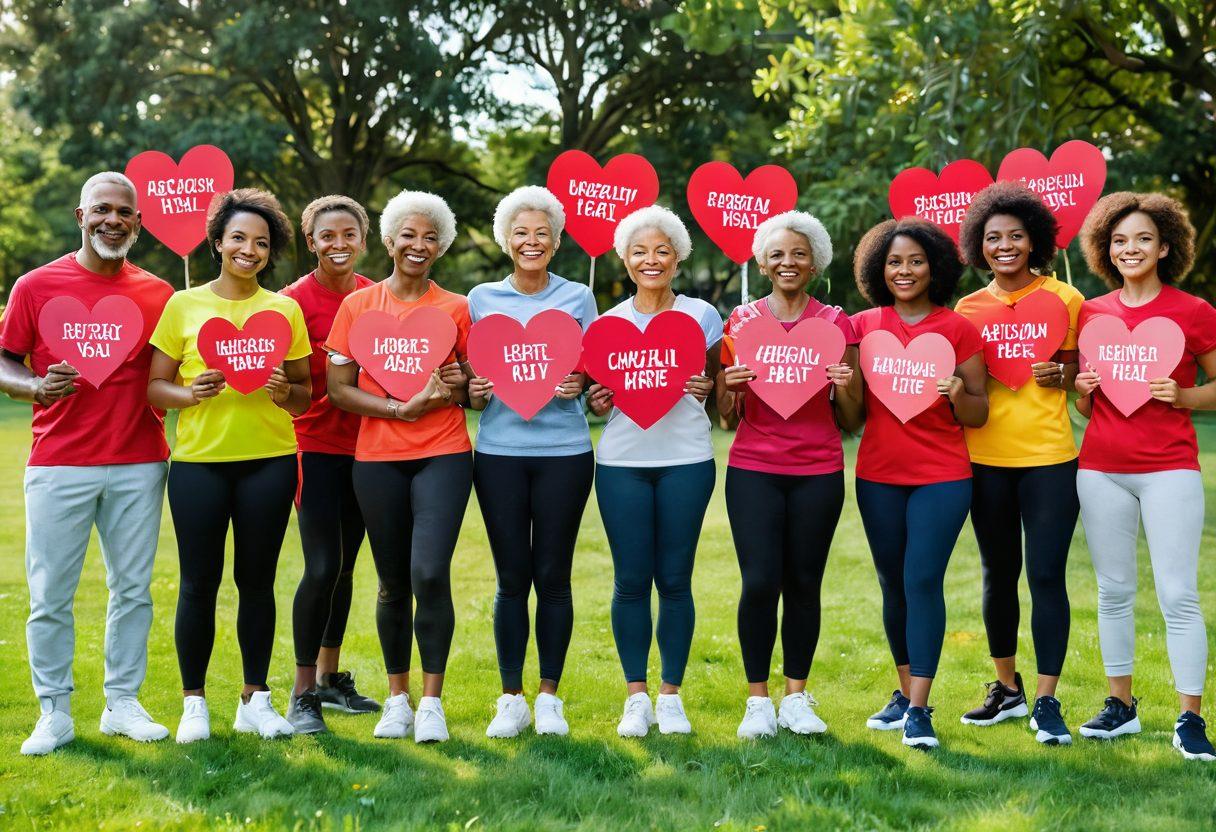 A diverse group of vibrant, energetic individuals of different ages and backgrounds standing together in a lush community park, holding heart-shaped signs promoting cardiovascular health. They are dressed in bright athletic wear, and there are heart graphics and healthy lifestyle elements like fruits and running shoes in the background. The scene evokes a sense of unity and motivation towards heart health. bright colors. community atmosphere. super-realistic.