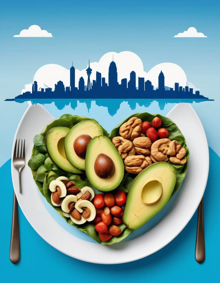 An informative and engaging visual that showcases a balanced meal plate with heart-healthy foods like avocados and nuts, alongside an illustration of a person exercising outdoors, symbolizing the connection between diet and fitness. Incorporate heart shapes and a vibrant city skyline in the background, with a clear blue sky overhead. Appealing, modern design. vibrant colors. flat design.